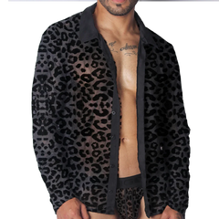 Black sheer leopard print button-down shirt with a classic collar and long sleeves.