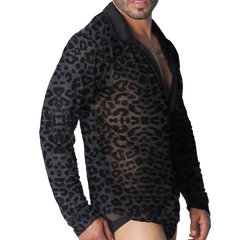 Sheer black button-down shirt with a tonal leopard print pattern, long sleeves, and a solid black collar.