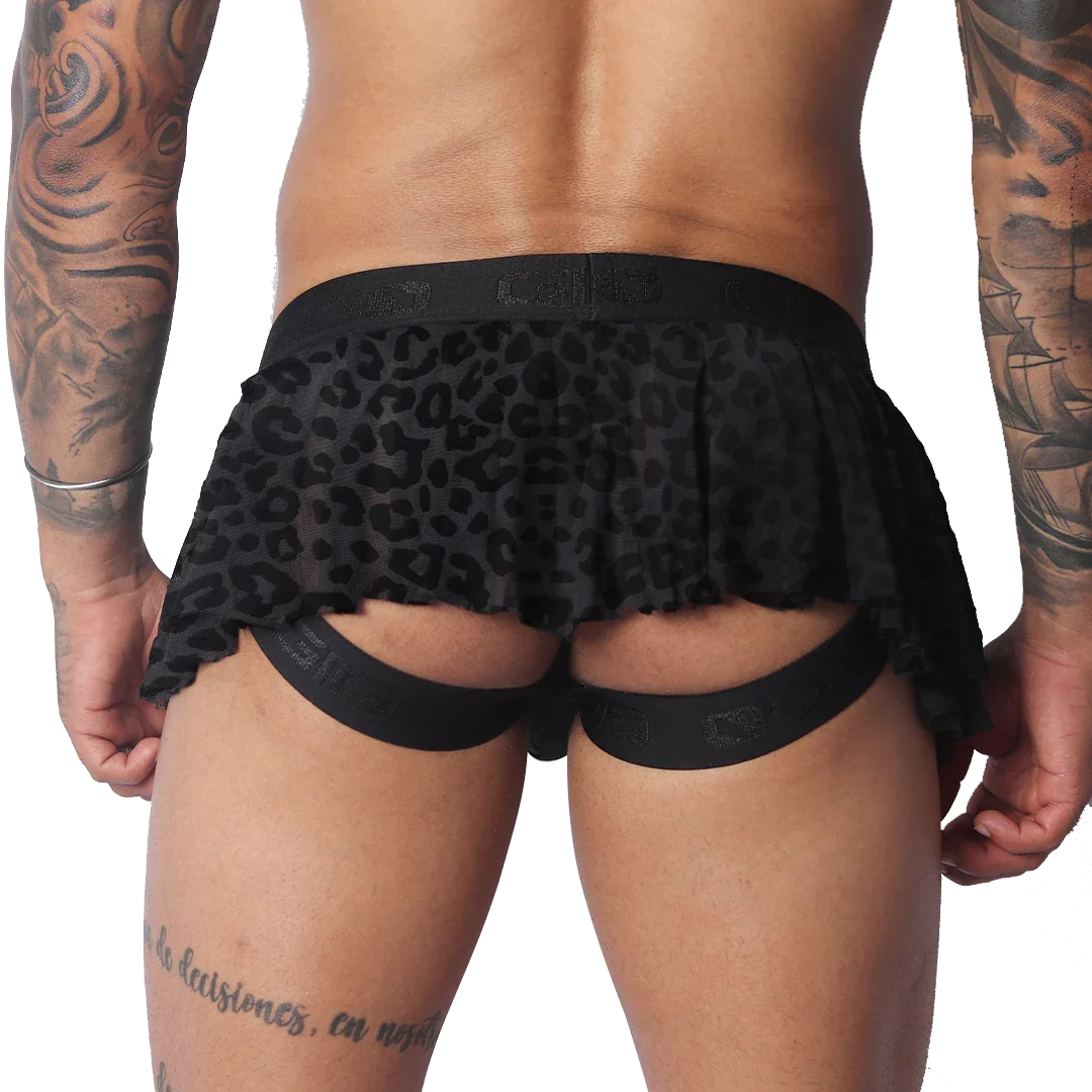 Black leopard-print sheer pleated plush skirt with a thick branded elastic waistband and open-back jockstrap design.