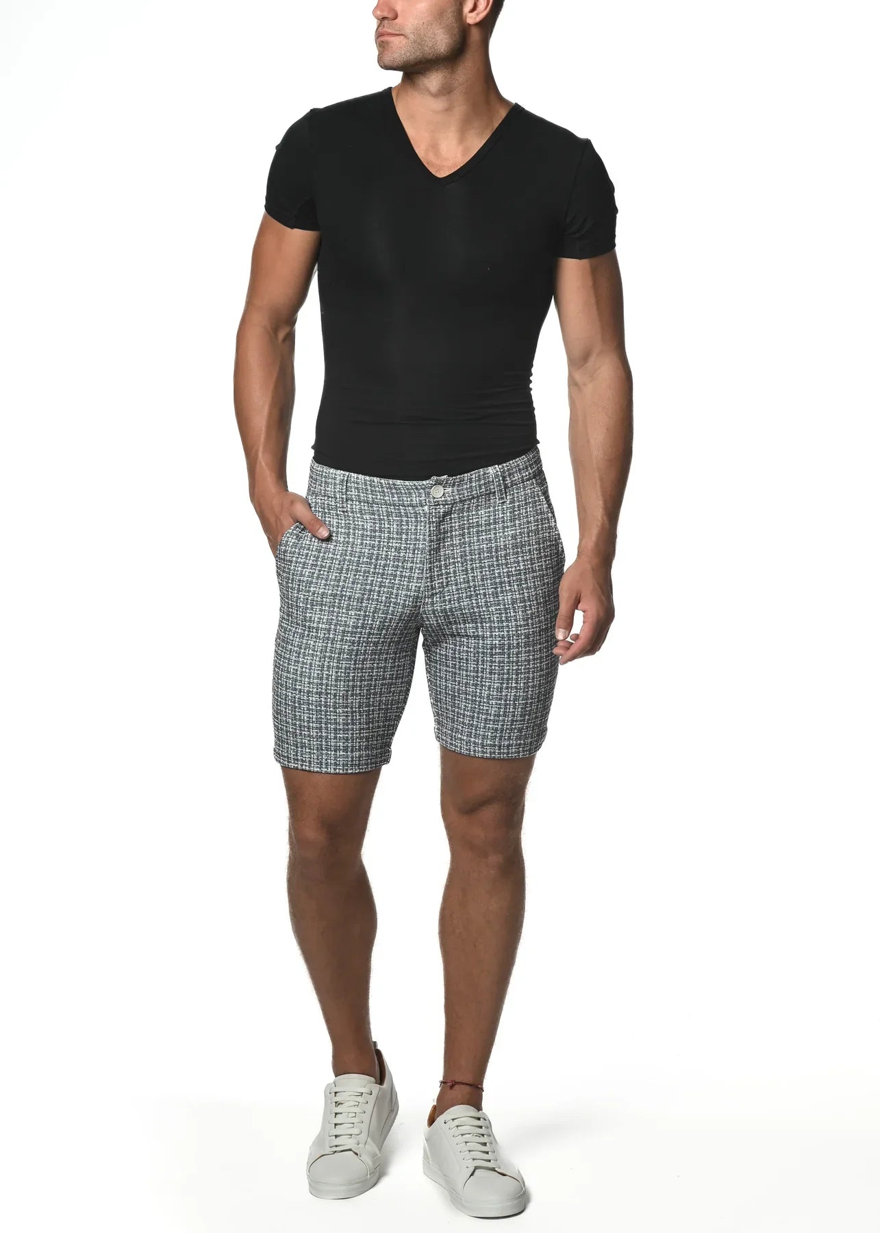 Gray and white plaid micro check stretch knit shorts with a classic tailored fit for comfortable casual wear