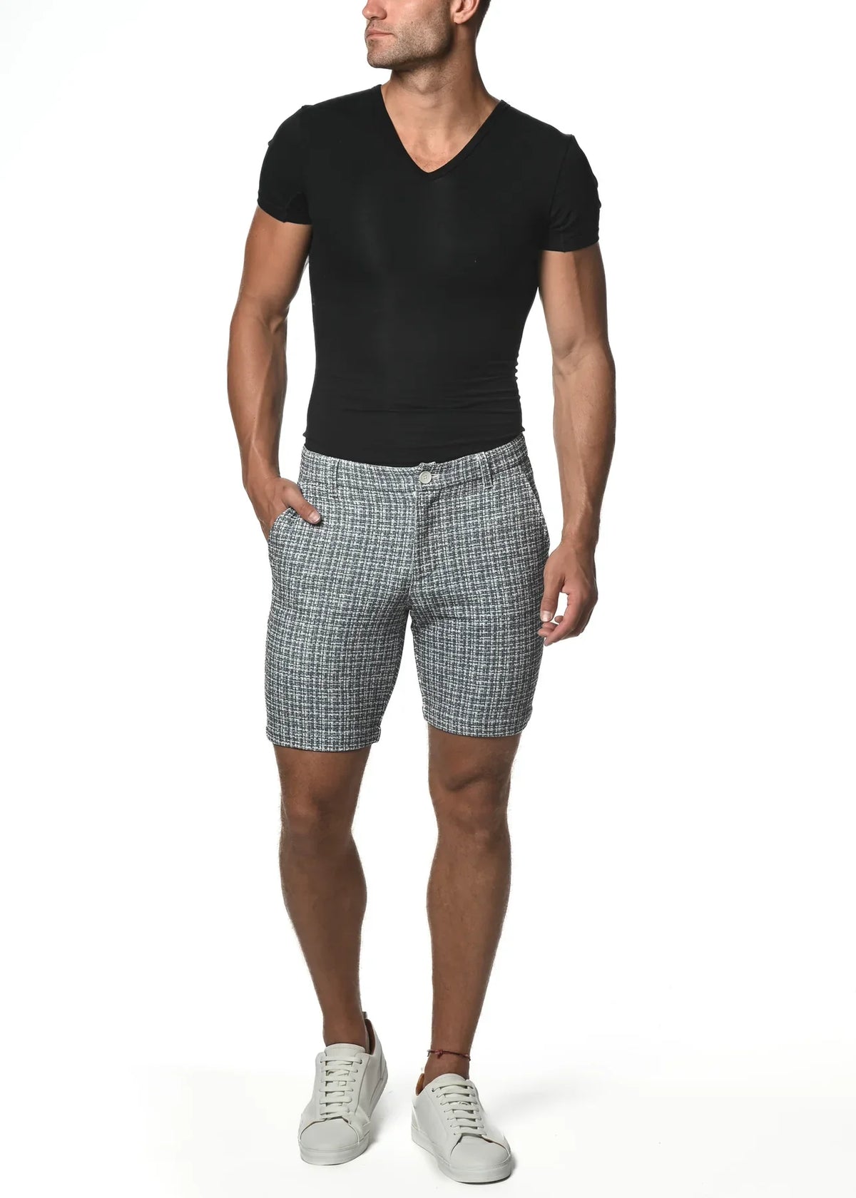 Gray and white plaid micro check stretch knit shorts with a classic tailored fit for comfortable casual wear