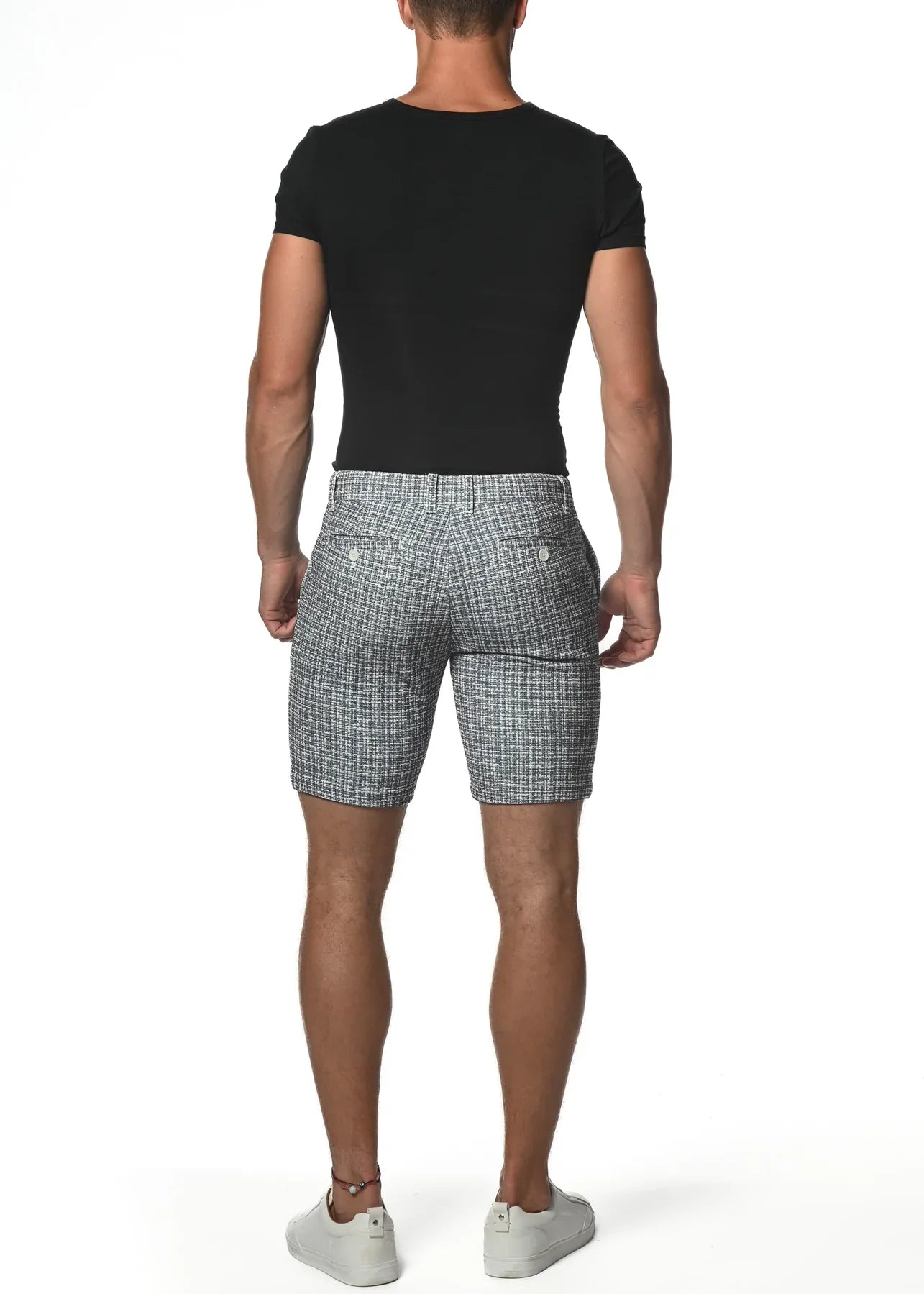 Gray and white micro check stretch knit shorts with tailored fit for comfortable casual wear