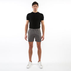 Gray textured stretch knit chino shorts with subtle weave and classic tapered fit for casual wear