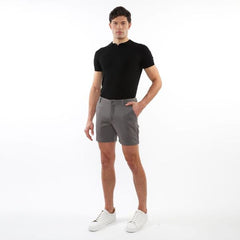 Gray textured stretch knit chino shorts with classic fit and button closure for casual wear