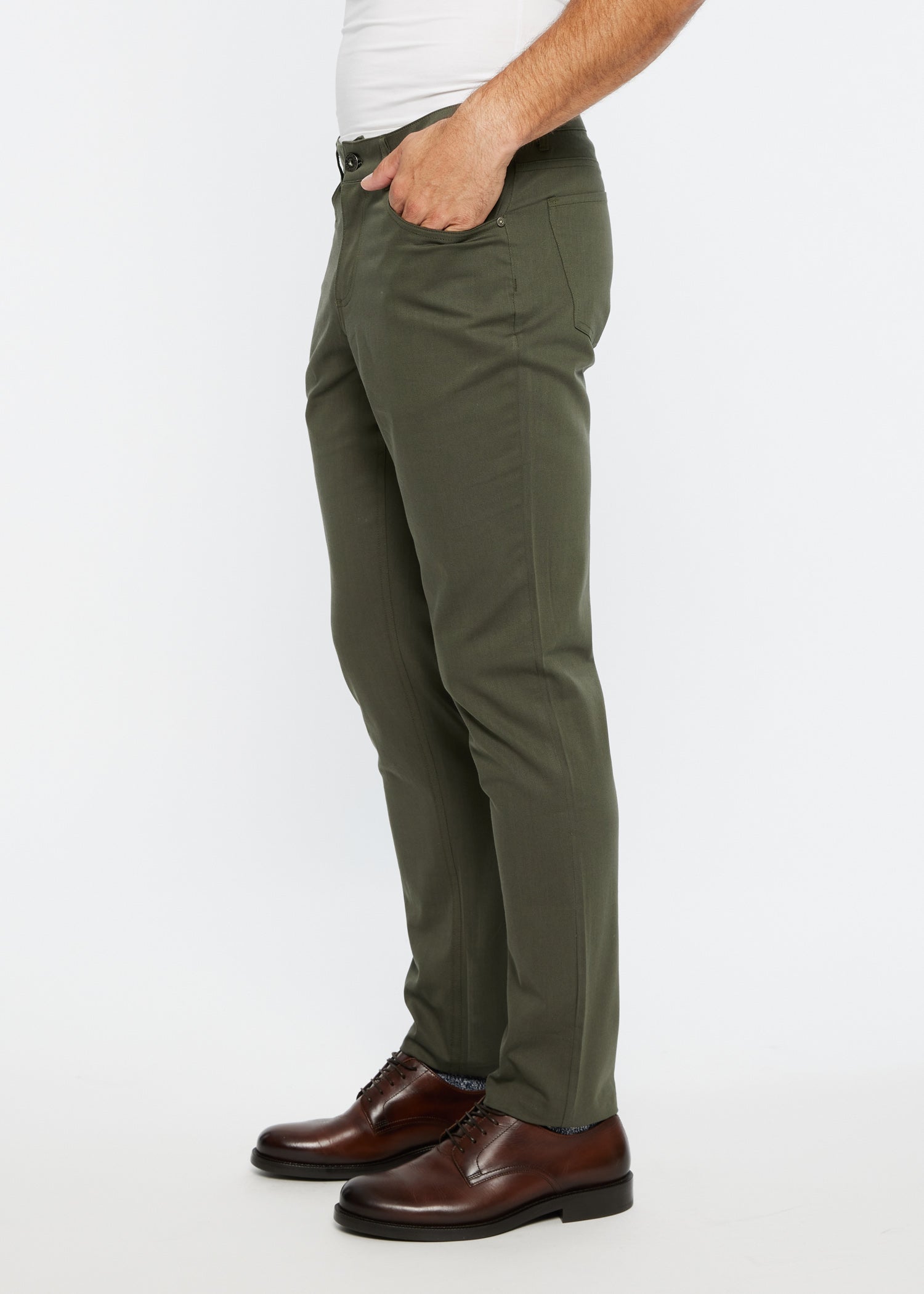 Olive green slim-fit textured 5 pocket stretch woven chino pants for a comfortable stylish fit
