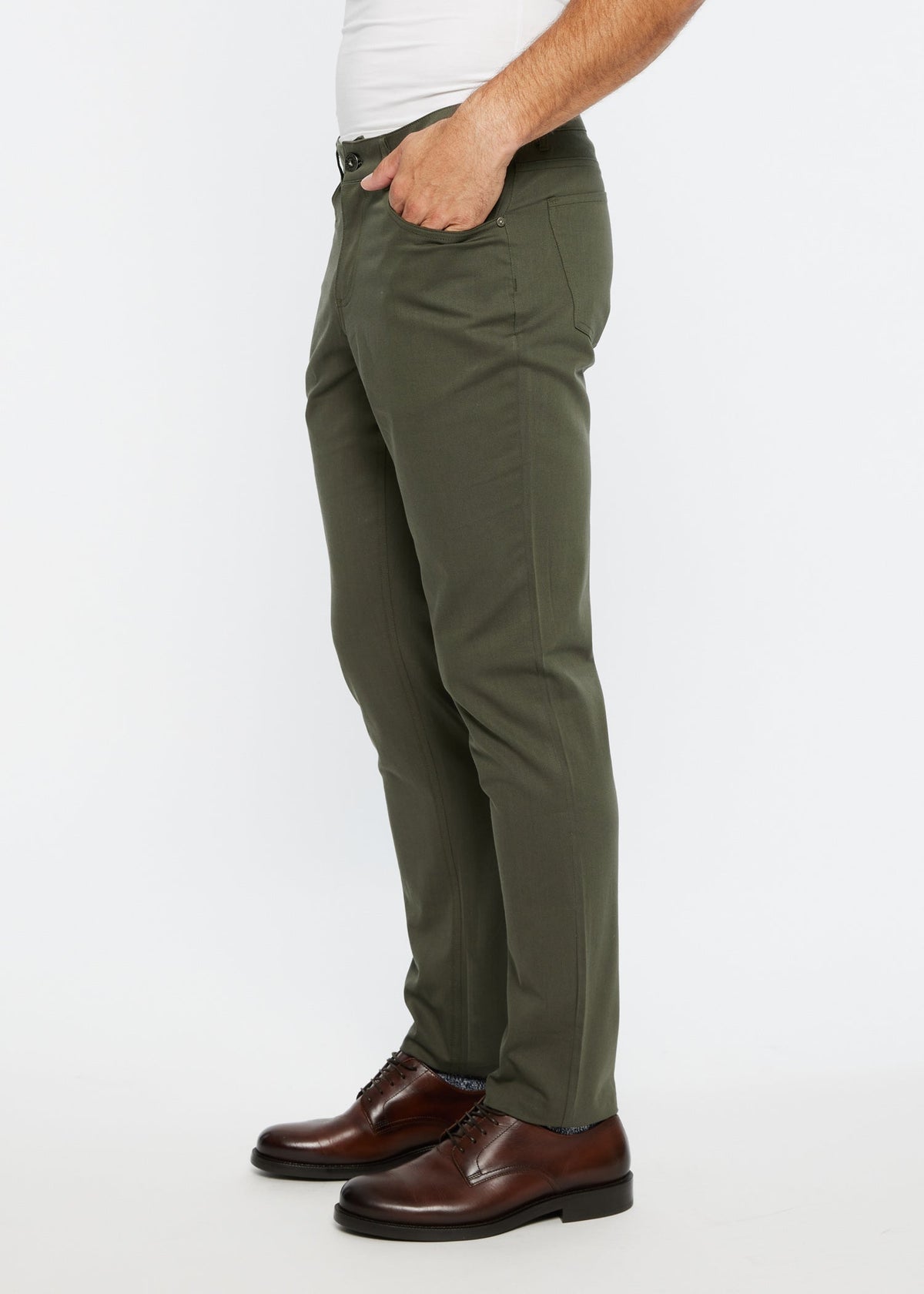 Olive green slim-fit textured 5 pocket stretch woven chino pants for a comfortable stylish fit