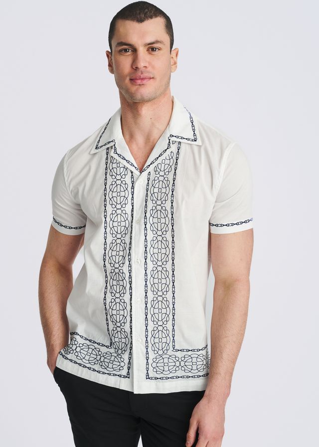 POSTMARC Medallion Embroidered Border S/S Shirt - White/Cobalt