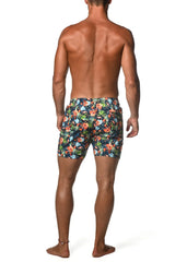 Moritz 6 inch inseam swim short navy blue men’s tropical floral swim trunks with orange green and light blue blooms