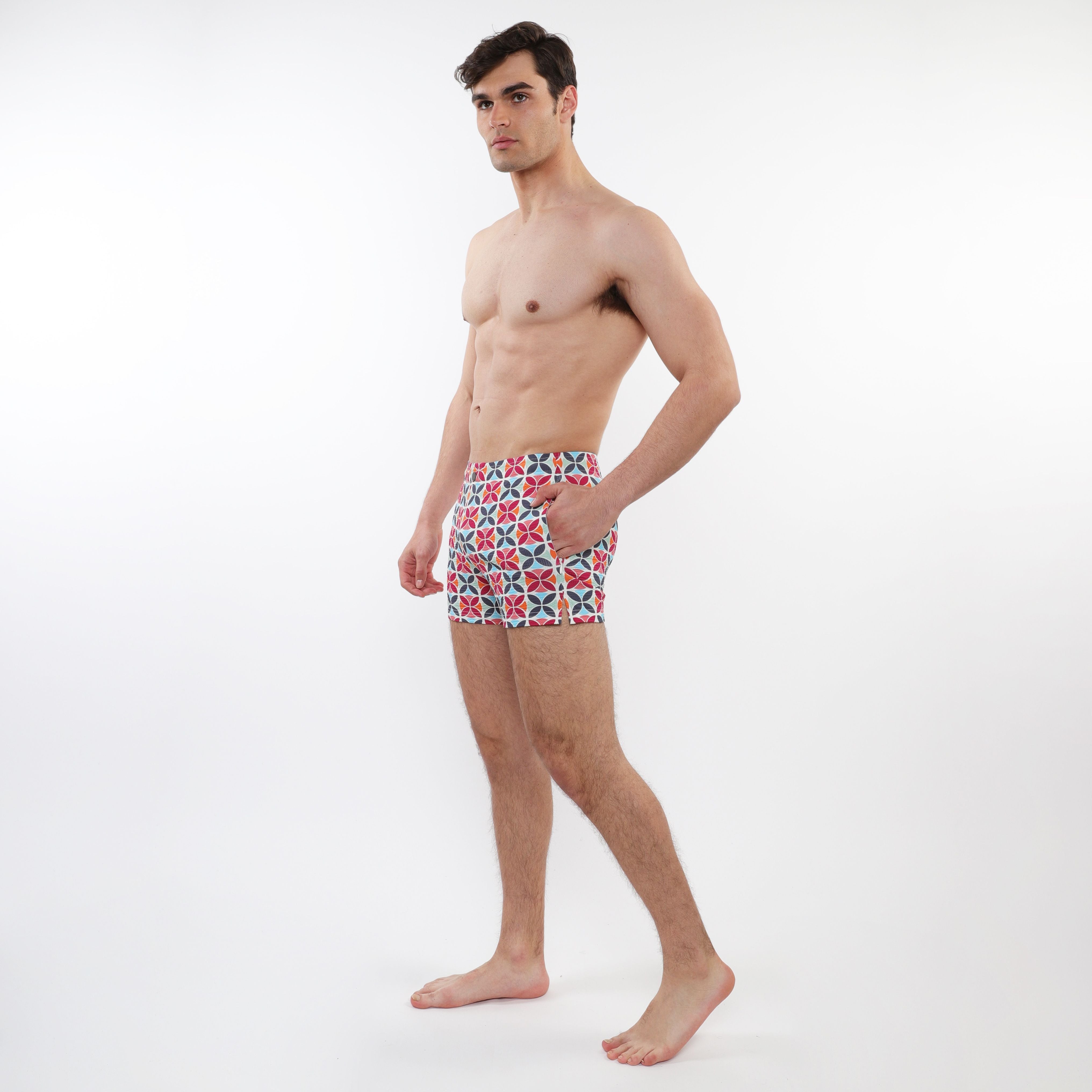 Men’s red white and navy blue geometric patterned briefs featured with seersucker swim shorts with mesh lining