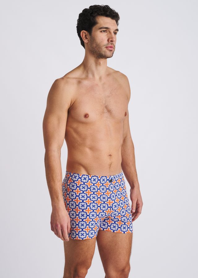 POSTMARC Tile Print Seersucker Swim Shorts W/ Mesh Lining - Navy/Orange Tiles