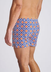 POSTMARC Tile Print Seersucker Swim Shorts W/ Mesh Lining - Navy/Orange Tiles