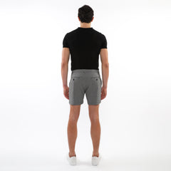 Textured jacquard stretch chino shorts in gray with a subtle woven pattern and black button details