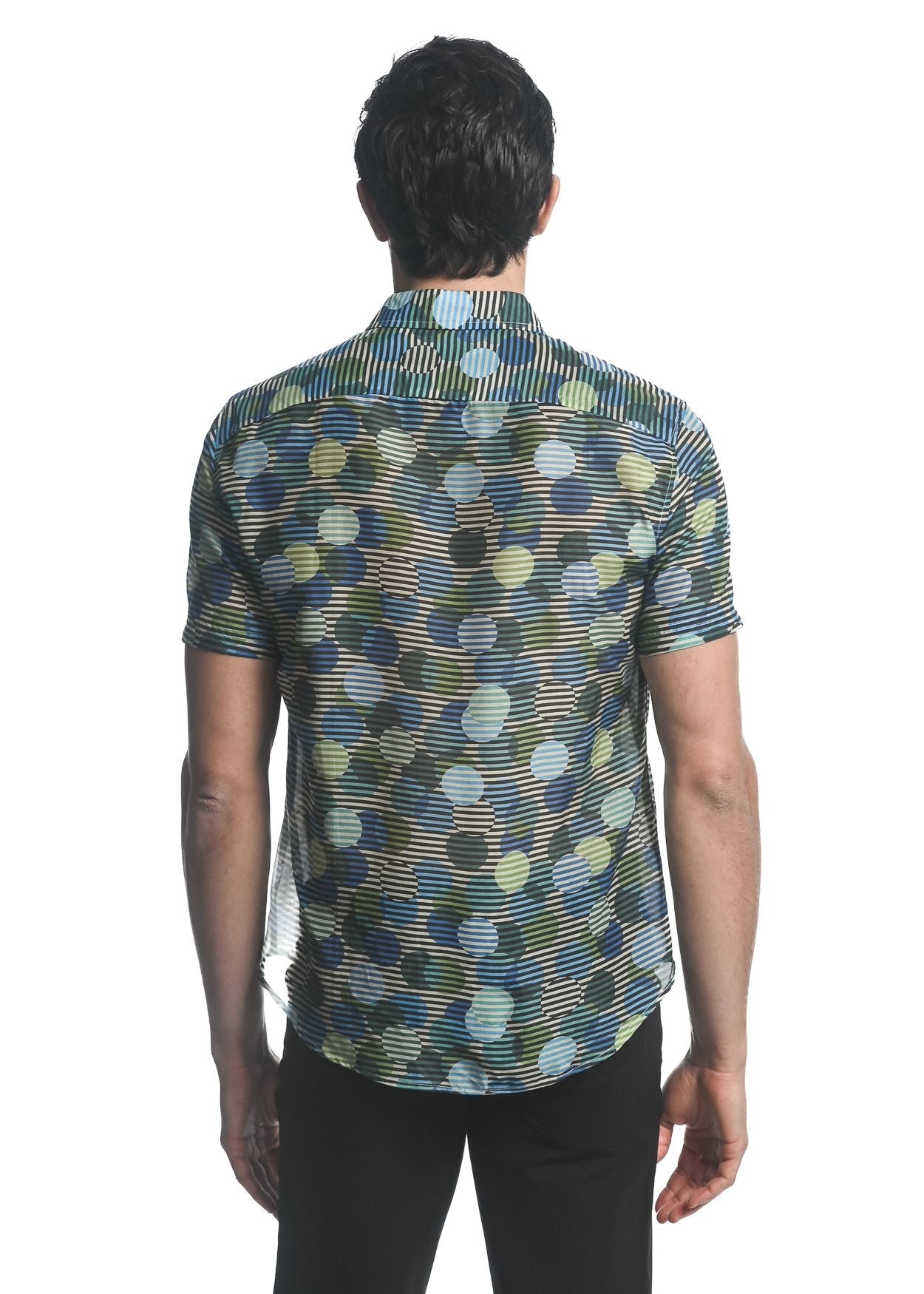 Circles cotton silk s s woven shirt with vibrant blue green and beige overlapping circle pattern on striped base