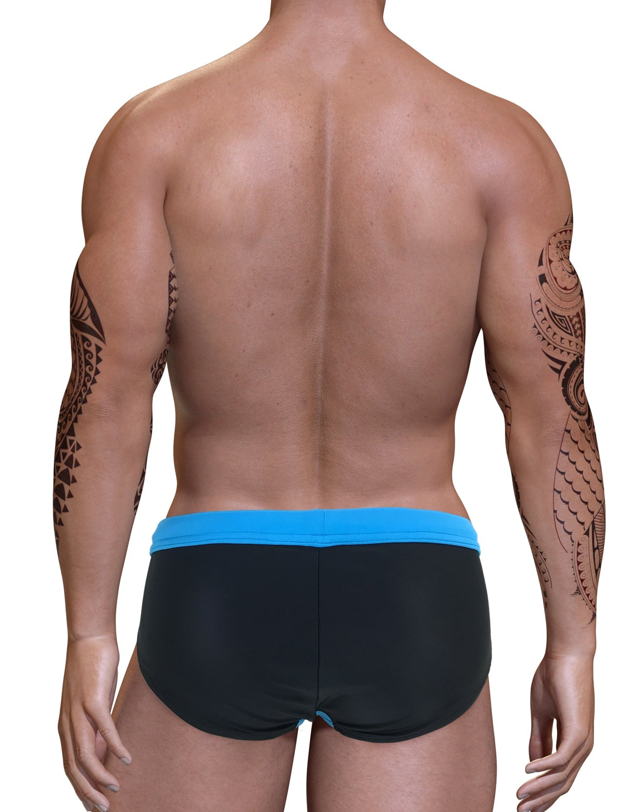 Back view of a muscular man with arm tattoos wearing a black swim bikini with a bright blue waistband.
