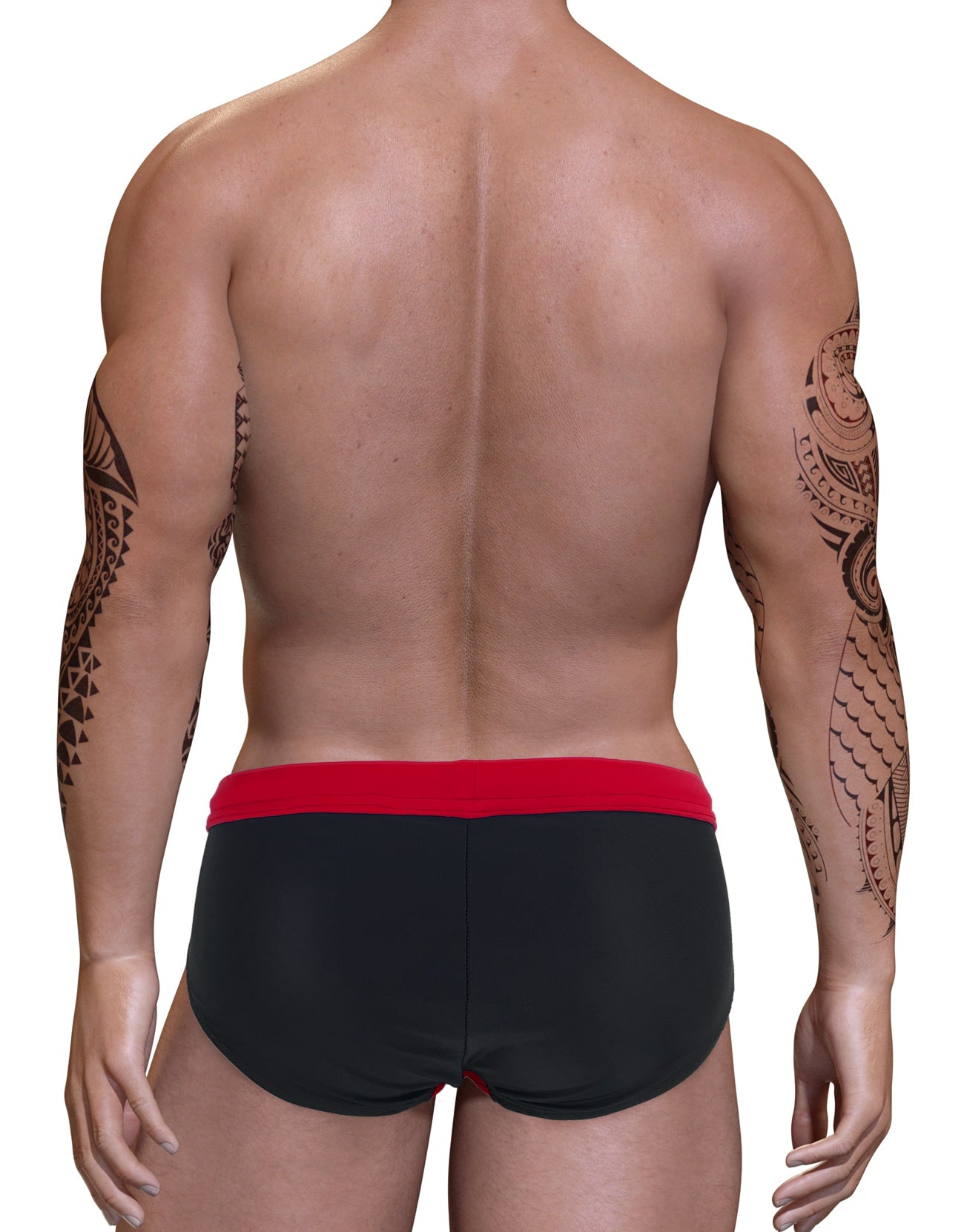 Back view of a muscular man with arm tattoos wearing a black swim bikini with a red waistband.