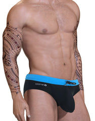 Blue and black Big Boy pouch swim bikini with a front drawstring and "wildman" brand patch.
