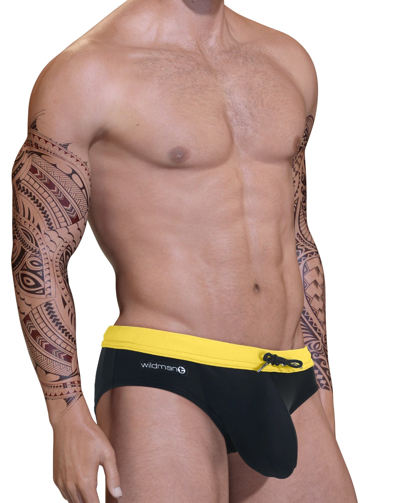 Yellow and black Big Boy pouch swim bikini with a front drawstring, worn by a muscular man with tribal arm tattoos.