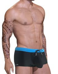 Black square-cut swim trunks with a bright blue waistband, drawstring, and pouch-style front.