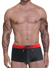 Big Boy Pouch square cut swim trunks in black with a red waistband and black drawstring.