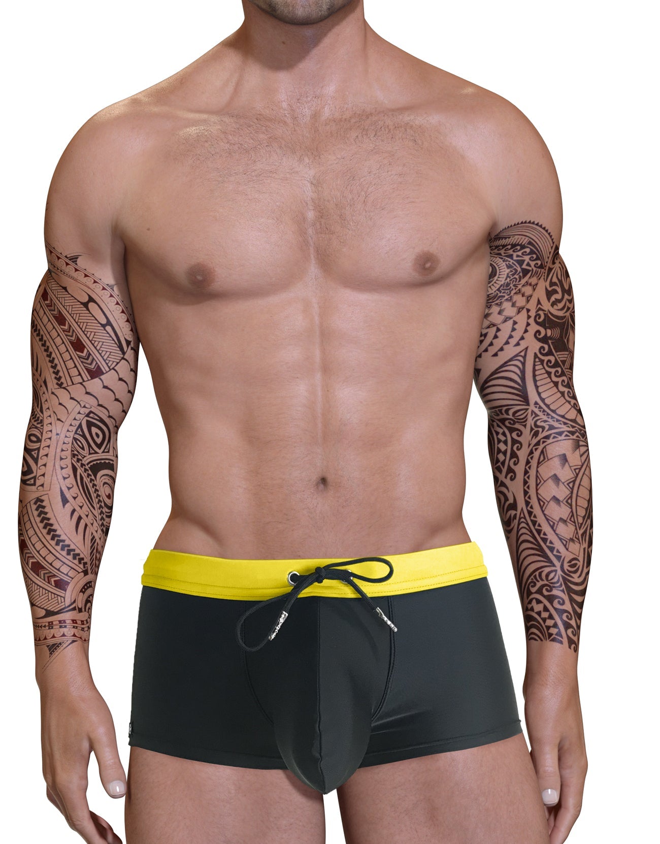 Wildmant big boy pouch swim square cut black trunks with bright yellow waistband and black drawstring