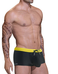 Wildmant big boy pouch swim square cut trunks in black with bright yellow waistband and black drawstring