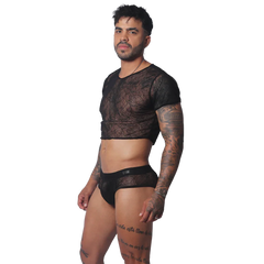 Black short-sleeve crop top in a sheer, intricate web-pattern lace fabric with a round neckline.