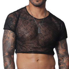 Black sheer mesh short-sleeve crop top with a delicate, intricate web-like pattern and round neckline.