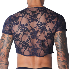 Sheer navy blue lace short-sleeve crop top featuring a floral pattern and a branded label at the neckline.