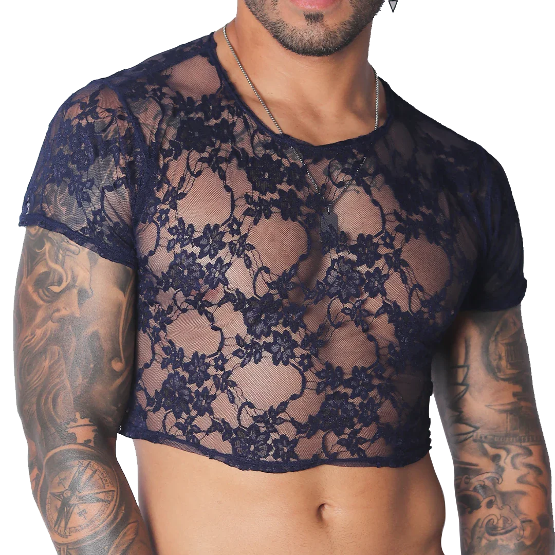 Sheer dark blue floral lace men's crop top with short sleeves and a crew neck.