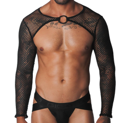 Black fishnet long-sleeve harness with a central metallic O-ring collar and matching black athletic jockstrap.