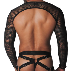 Black fishnet long-sleeve crop top paired with an elastic harness featuring silver rings and adjustable straps.