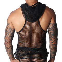 Black fishnet sleeveless hooded tank top with a racerback design and raw trim edges.