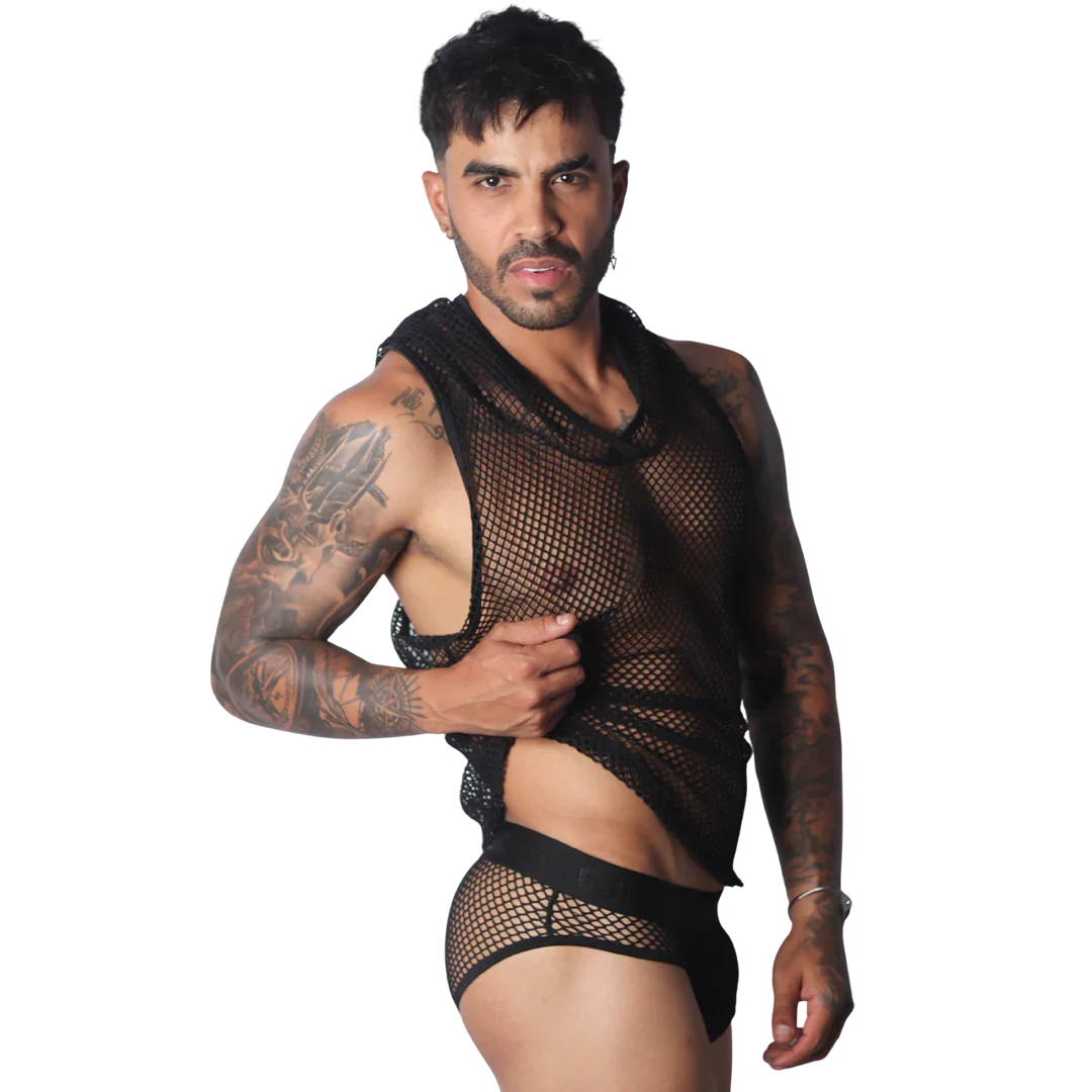 Sleeveless black mesh hooded shirt with a wide neck and athletic fit, shown on a tattooed model.