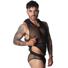 Sleeveless black mesh hooded shirt with a wide neck and athletic fit, shown on a tattooed model.