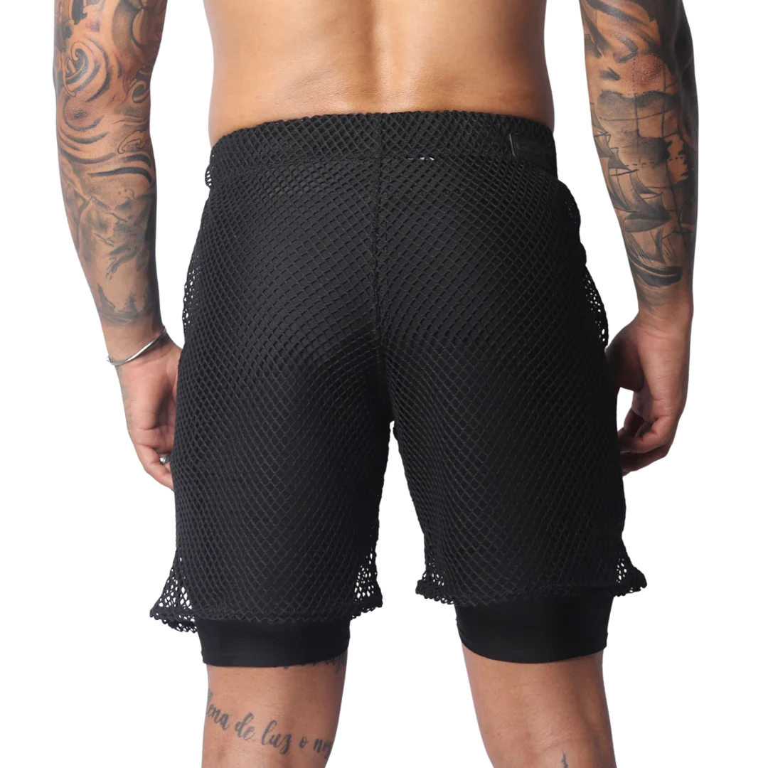 Black athletic shorts featuring a layered design with a loose, wide-gauge mesh outer layer over solid fitted liners.