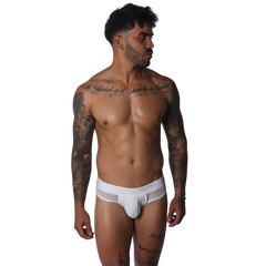 White low-rise brief with side mesh panels and a textured pouch, featuring an elastic waistband with Gigo branding.