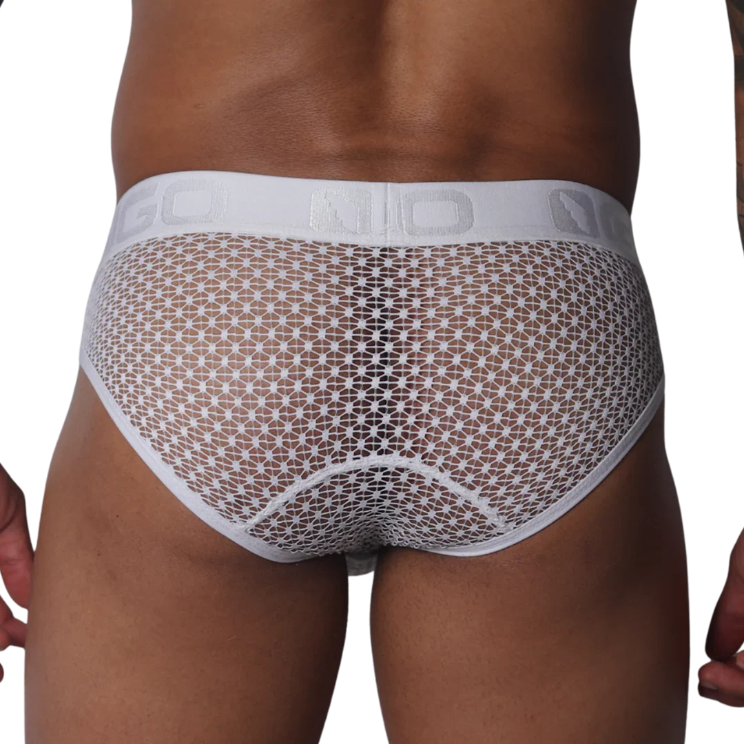 White mesh brief with a geometric pattern, featuring a wide elastic waistband with GIGO logo lettering.