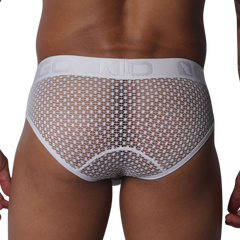 White mesh brief with a geometric pattern, featuring a wide elastic waistband with GIGO logo lettering.