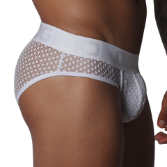 White mesh brief with a wide, branded elastic waistband and contoured pouch, featuring a decorative geometric pattern.