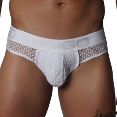 White brief with sheer, open-weave lace fabric and a branded elastic waistband.