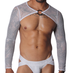 White mesh long-sleeve harness with a central silver O-ring connector and cutout chest design.