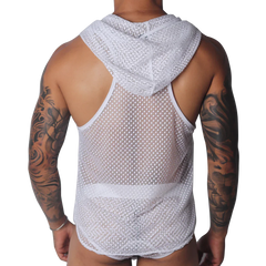 White sleeveless hooded shirt in a sheer, geometric mesh fabric with racerback styling.