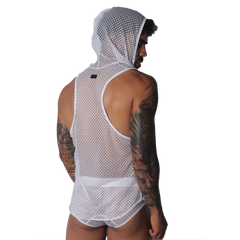 White sleeveless mesh hoodie tank top for men with a racerback design and athletic fit.