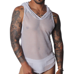 Sleeveless white hooded tank top in a semi-sheer, geometric mesh fabric with a V-neckline.