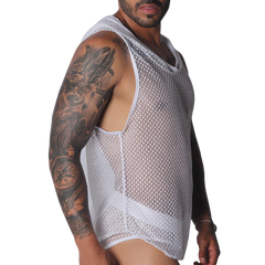 White sleeveless hoody shirt in sheer, open-knit geometric mesh fabric with deep armholes.