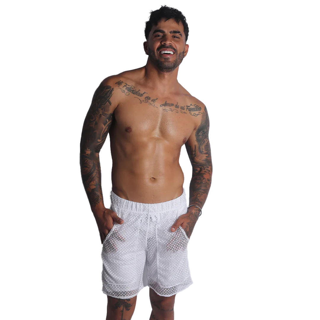 White short, athletic fit shorts in sheer, open-weave mesh fabric with an elastic waistband and side pockets.