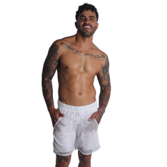 White short, athletic fit shorts in sheer, open-weave mesh fabric with an elastic waistband and side pockets.