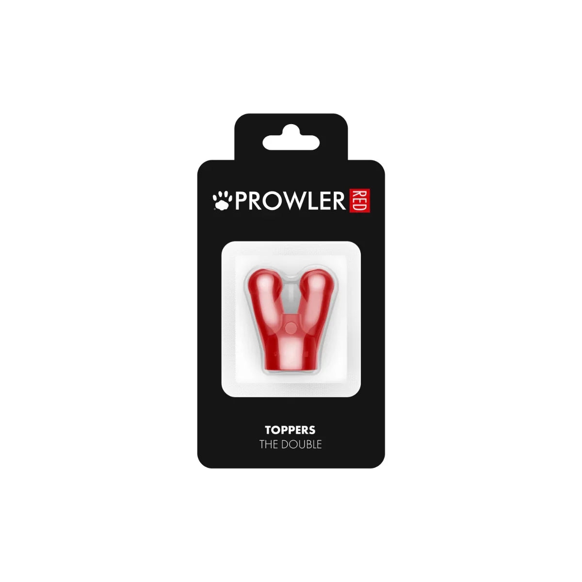Red plastic dog toy with y-shaped design branded as Prowler red toppers the double in the double cap product line