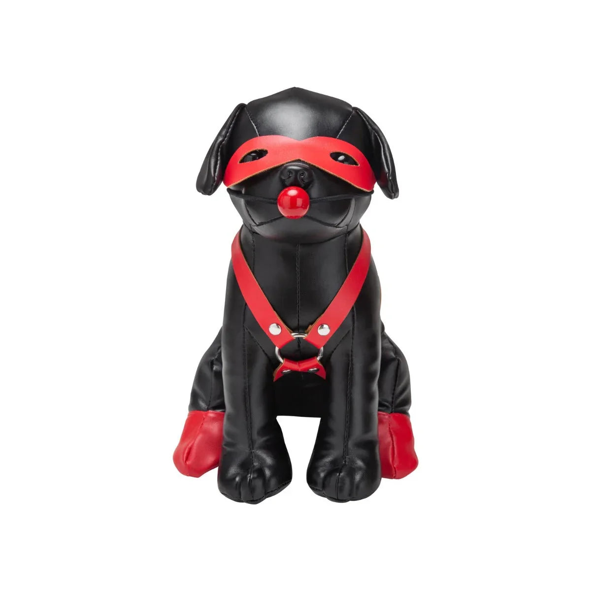 Black leather pug figurine with red mask harness and paw pads in prowler red puppy booted up bandit design