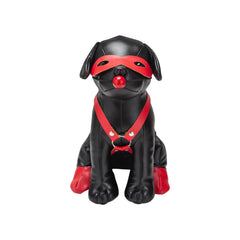 Black leather pug figurine with red mask harness and paw pads in prowler red puppy booted up bandit design